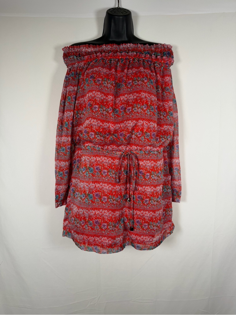 Barneys New York Red Floral Boho Cottage Sheer Sleeve Smocked OffShoulder Romper